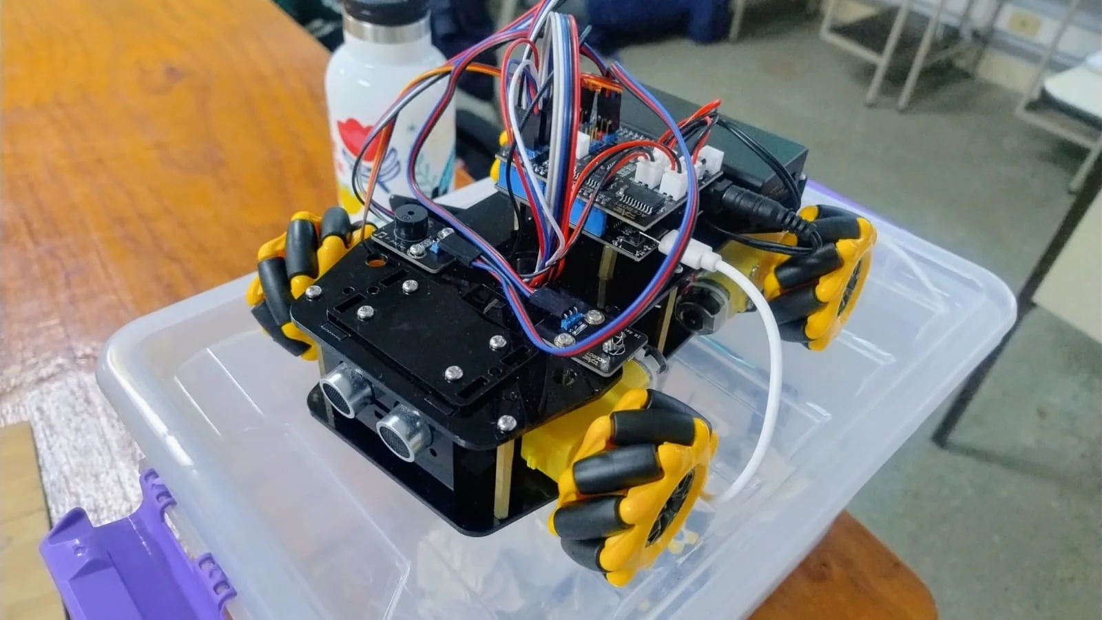 Student-built robot with mecanum wheels